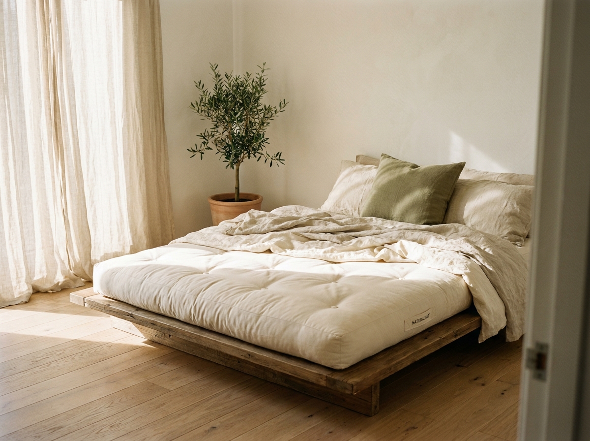 Biofuton in skandinavischem Schlafzimmer mit Morgenlicht